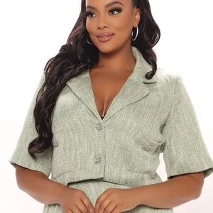 NWT Fashion Nova Can’t Let You Go Tweed Jacket Short Sleeve Lined Sage Sz 2X